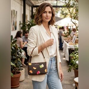 Michael Kors Brown Signature Mini Wristlet with Colorful Fruit Motifs